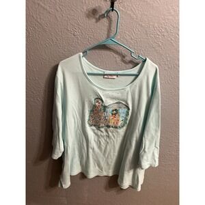 Quacker Factory Top Women's Sleeve Teal Embroidered Christmas Size 3X‎